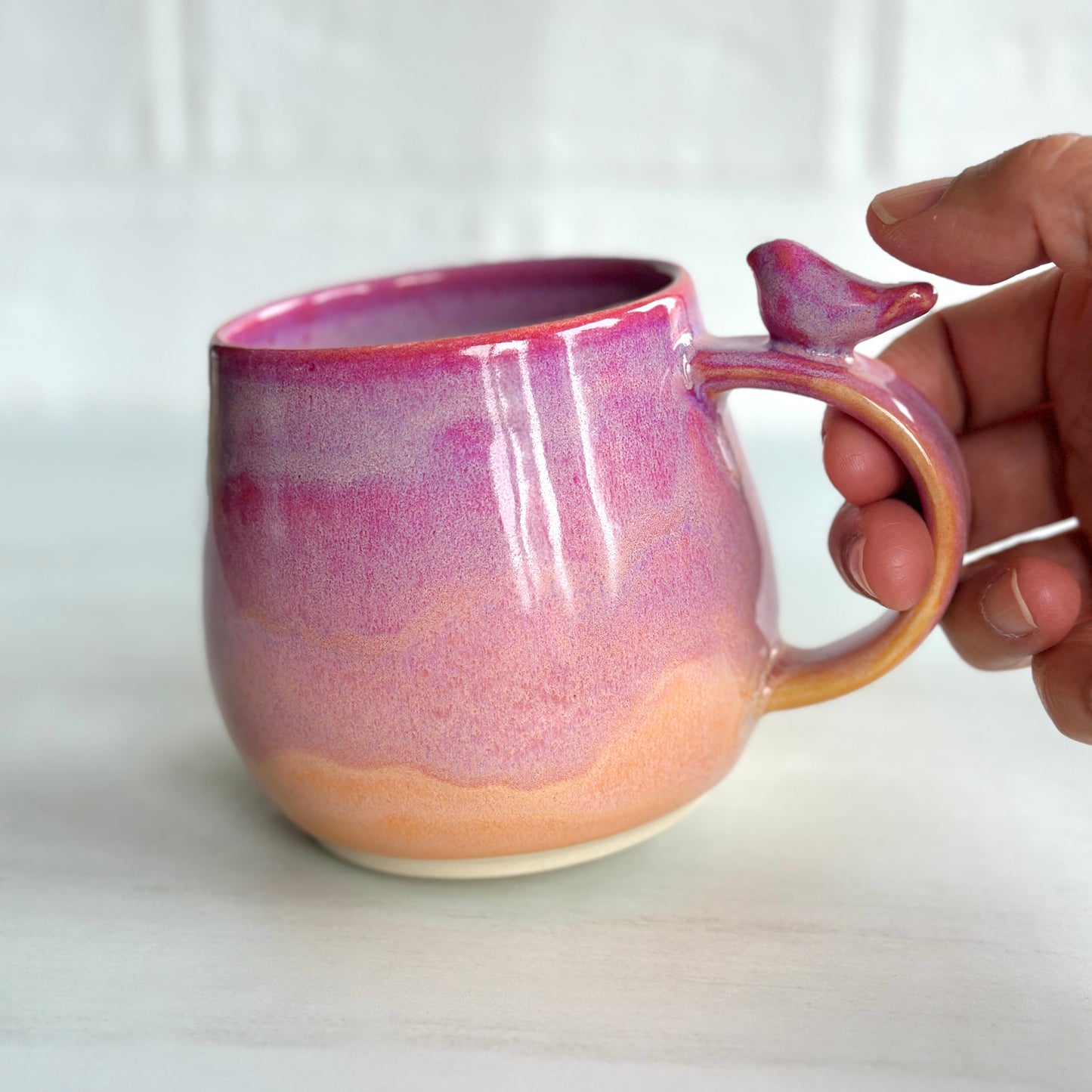 Zen Bird Mug, Glazed in Raspberry Peach Smoothie
