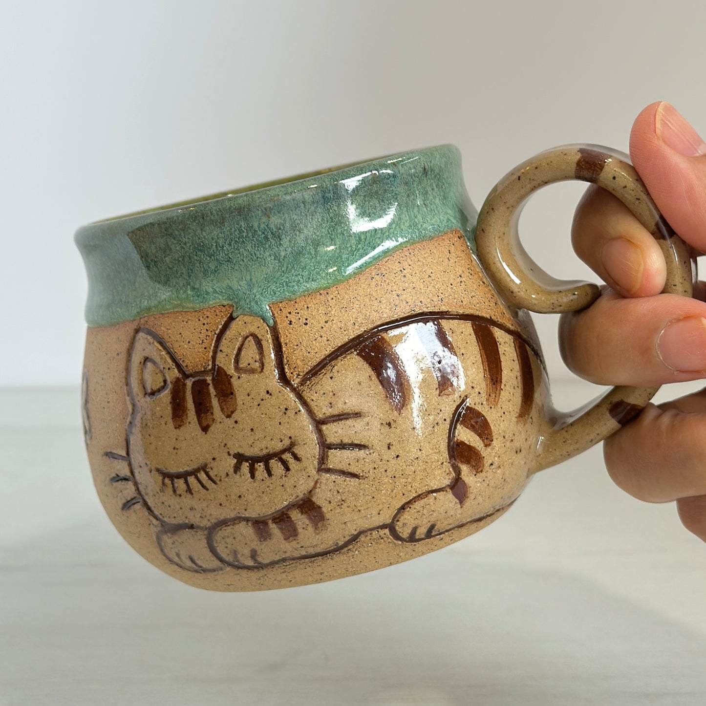 Sleepy Cat Mug, Kitty and Birdie, Price reduced (glaze drip on ear), Glazed in Meadow Green