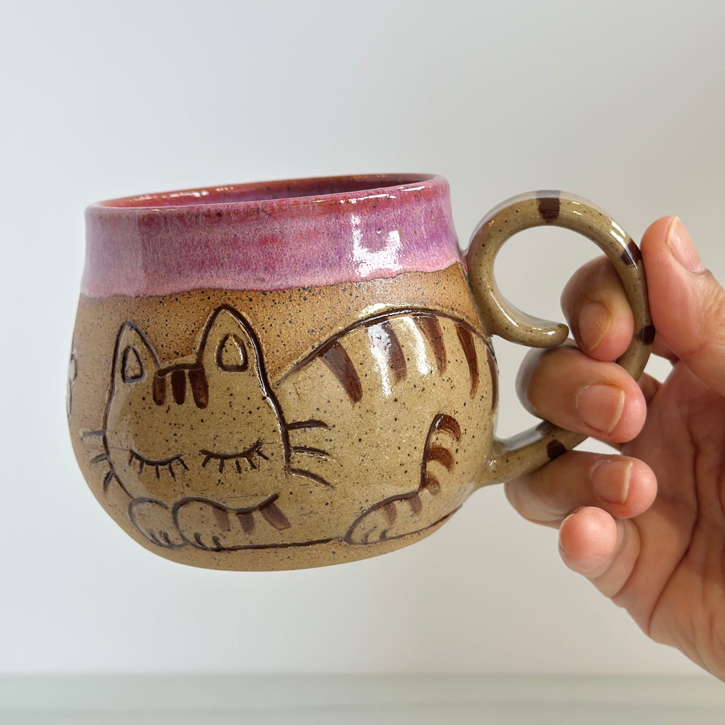 Sleepy Cat Mug, Kitty and Birdie, Glazed in Pink