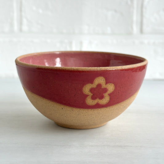 Speckled Clay Retro Flower Bowl, Glazed in Apple Red and Strawberry Pink