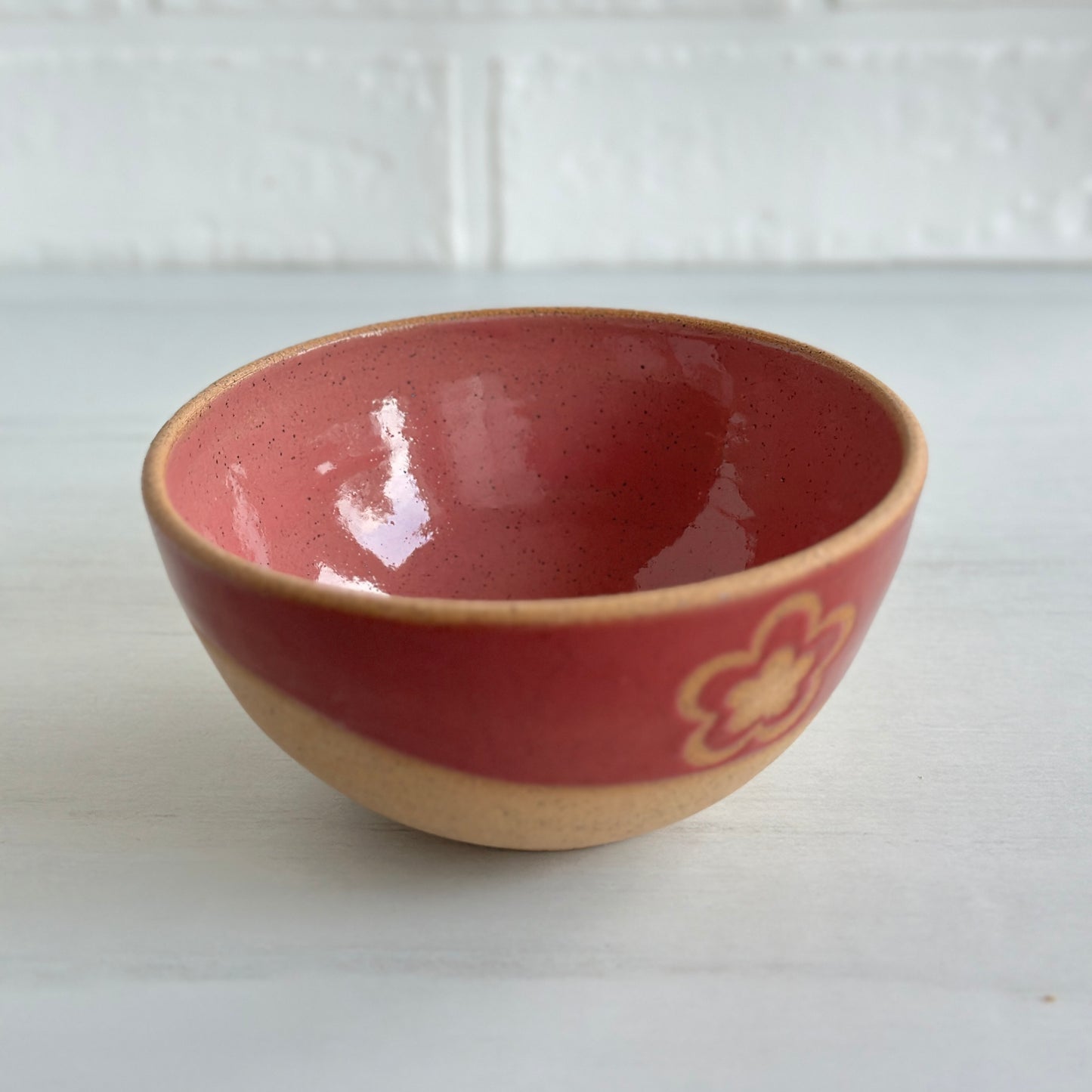 Speckled Clay Retro Flower Bowl, Glazed in Apple Red and Strawberry Pink
