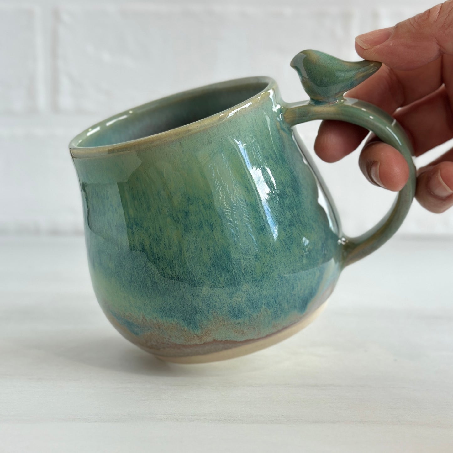 No.8 Zen Bird Mug, Glazed in Foggy Lake Green, 14oz