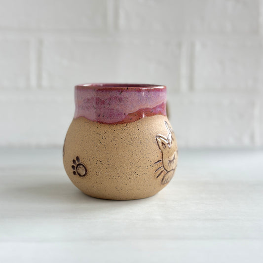 Sleepy Cat Mug, Stripe Kitty, Glazed in Pink Haze, 14oz