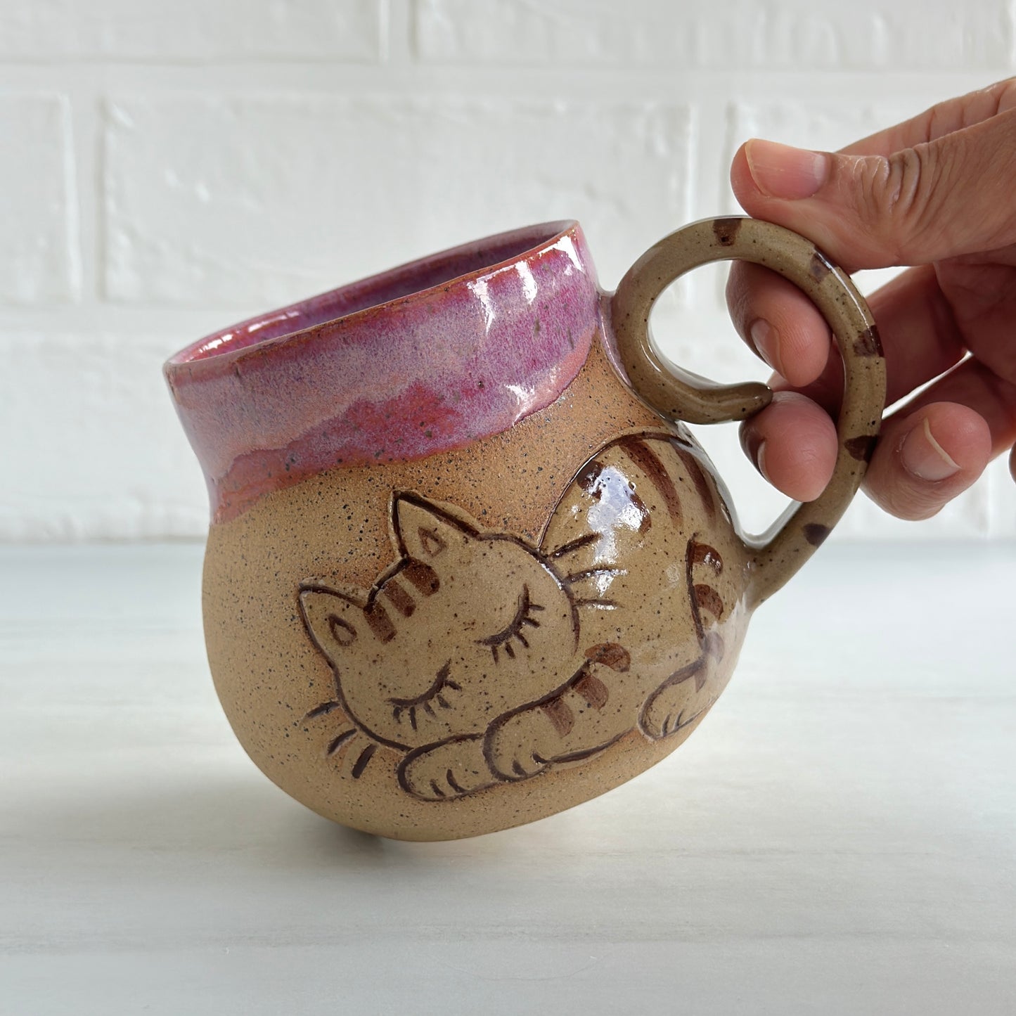Sleepy Cat Mug, Stripe Kitty, Glazed in Pink Haze, 14oz