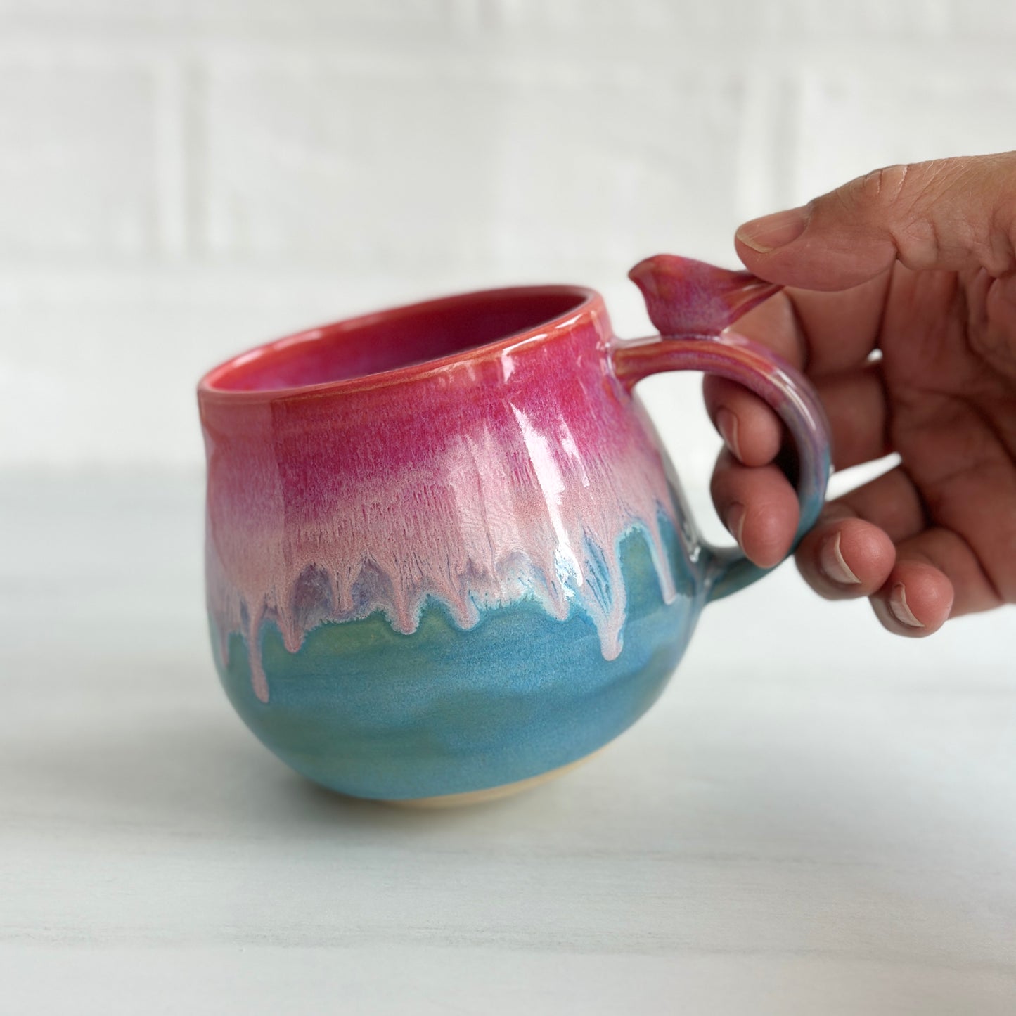 Zen Bird Mug, Drippy Glaze, Strawberry Smoothie Pink and Blue Sky, 15oz #01