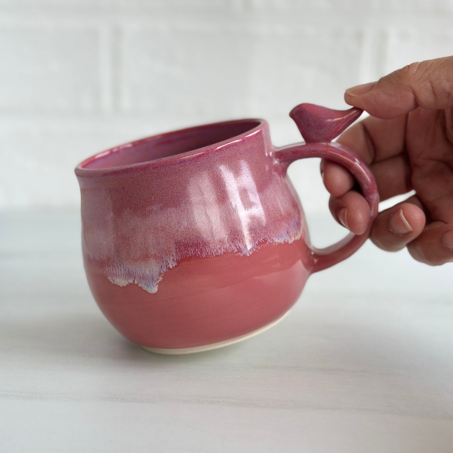 Zen Bird Mug, Glazed in Strawberry Smoothie Pink, 15oz #11