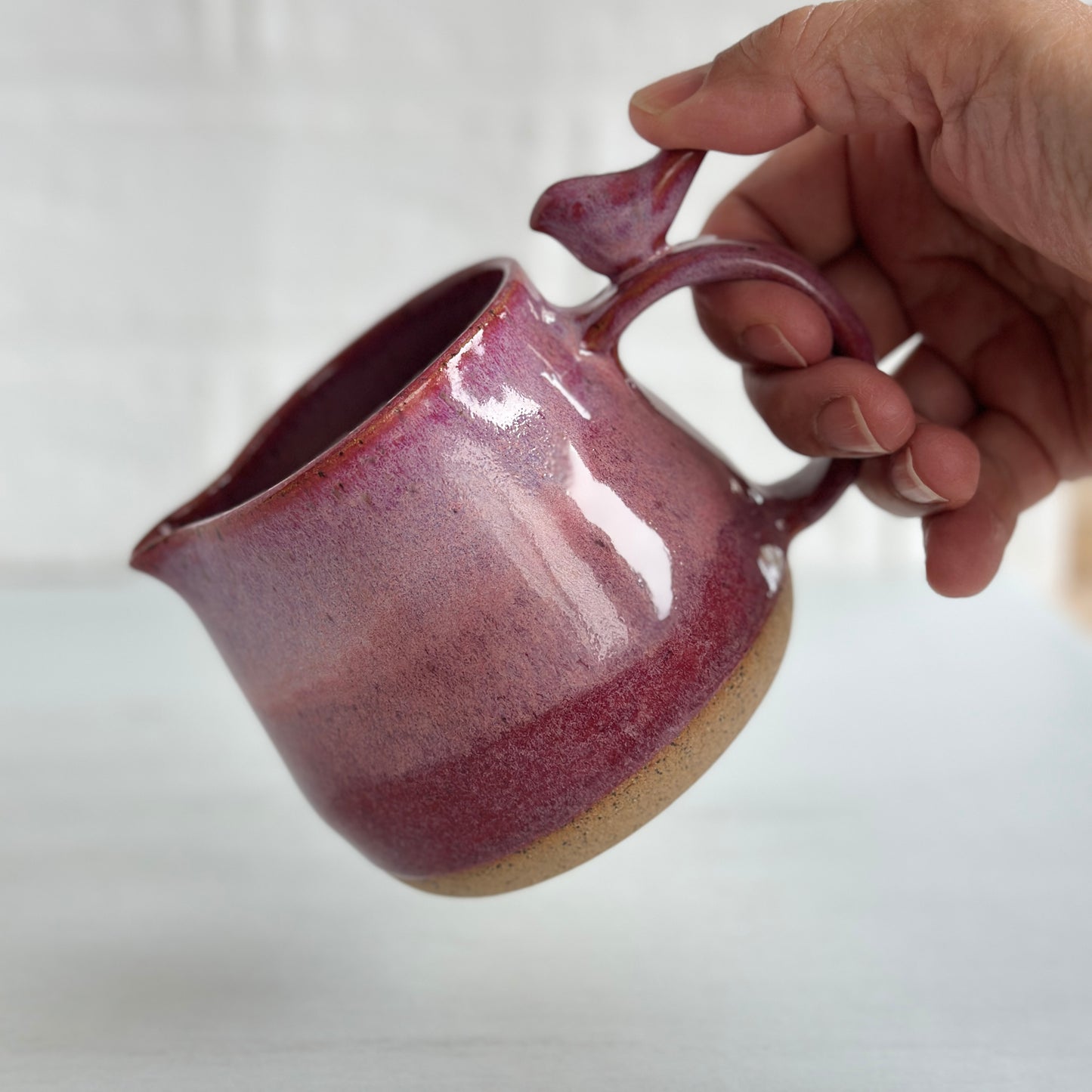 Speckled Clay Small Pitcher, Glazed in Pink Berries, Zen Bird, 12oz