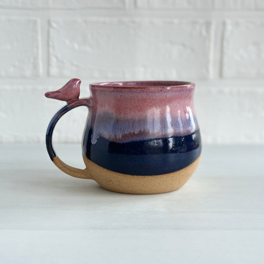 10oz Small Cup, Speckled Clay Mug, Glazed in Dusty Pink and Midnight Blue, Zen Bird