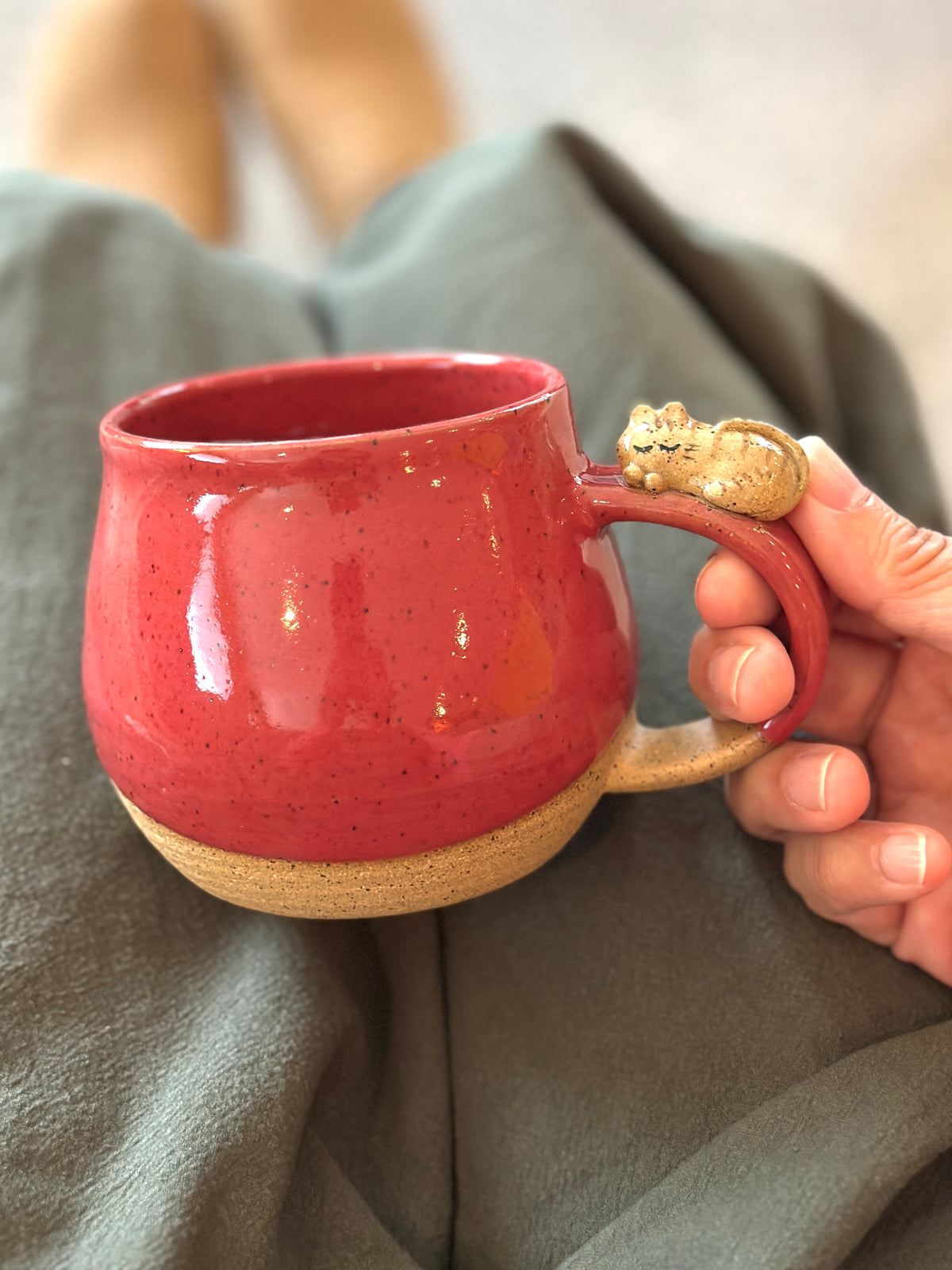 Sleepy Kitty on the Handle, Speckled Clay Mug, Glazed in Red Apple #8