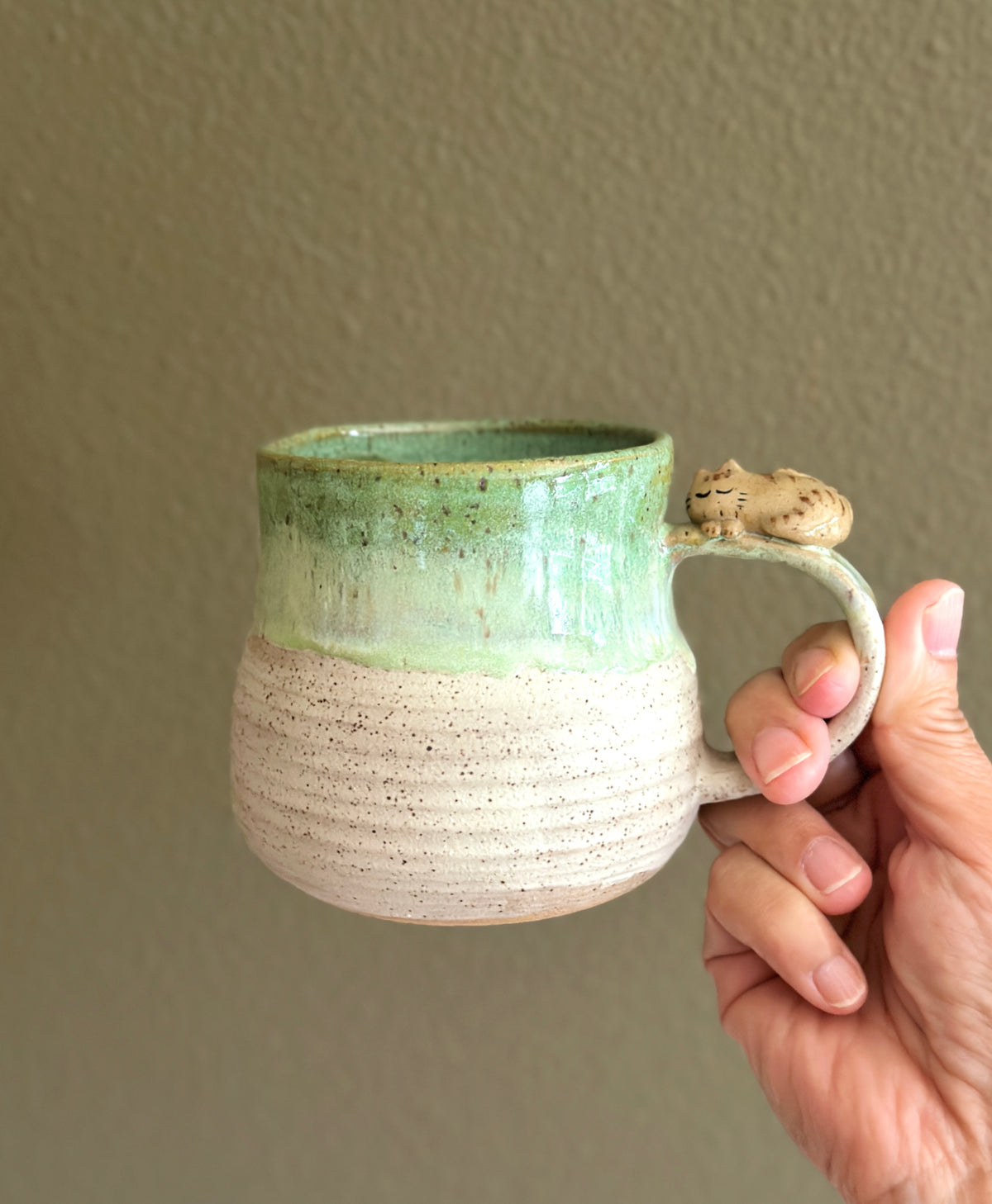 Sleepy Kitty on the Handle, Speckled Clay Mug, Glazed in Green and White #10