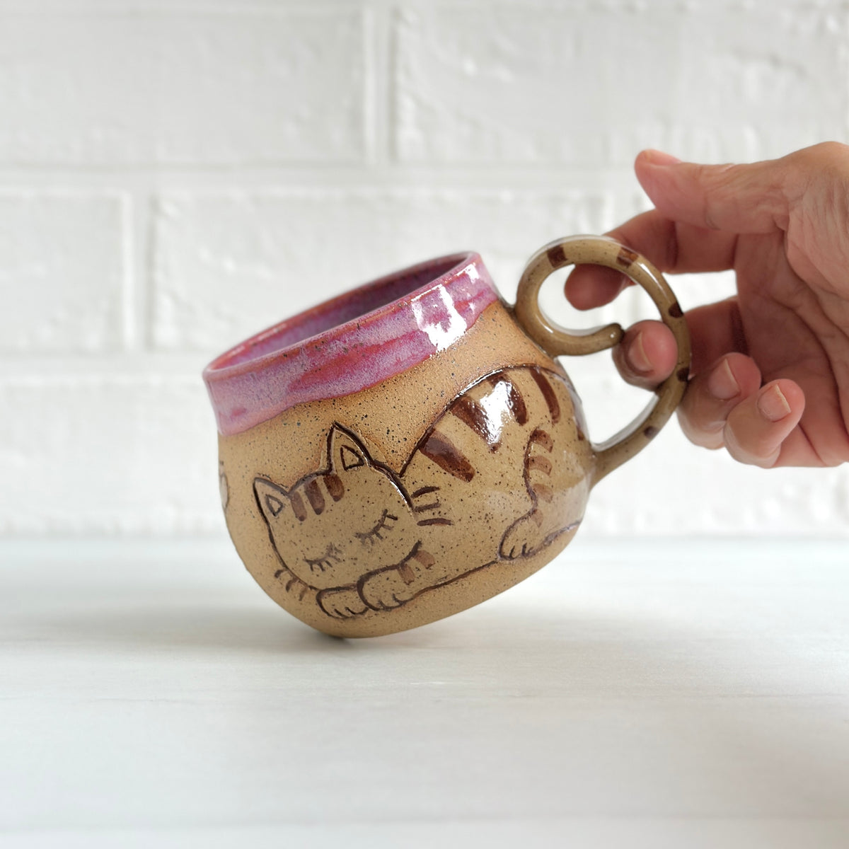 Sleepy Cat Mug, Stripe Kitty and Birdie, Pink #1