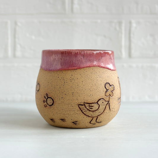 Sleepy Cat Mug, Stripe Kitty and Birdie, Pink #2