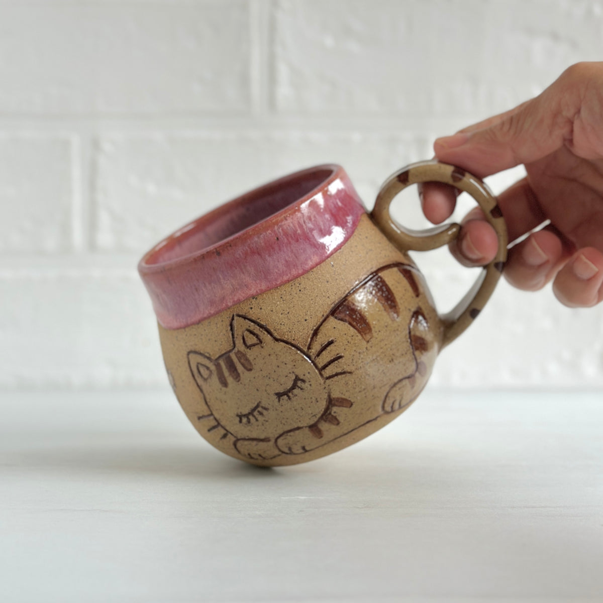 Sleepy Cat Mug, Stripe Kitty and Birdie, Pink #2