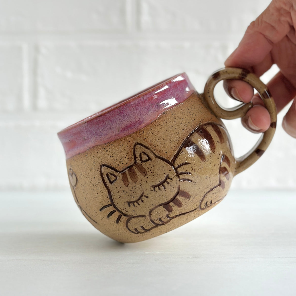 Sleepy Cat Mug, Stripe Kitty and Birdie, Pink #3