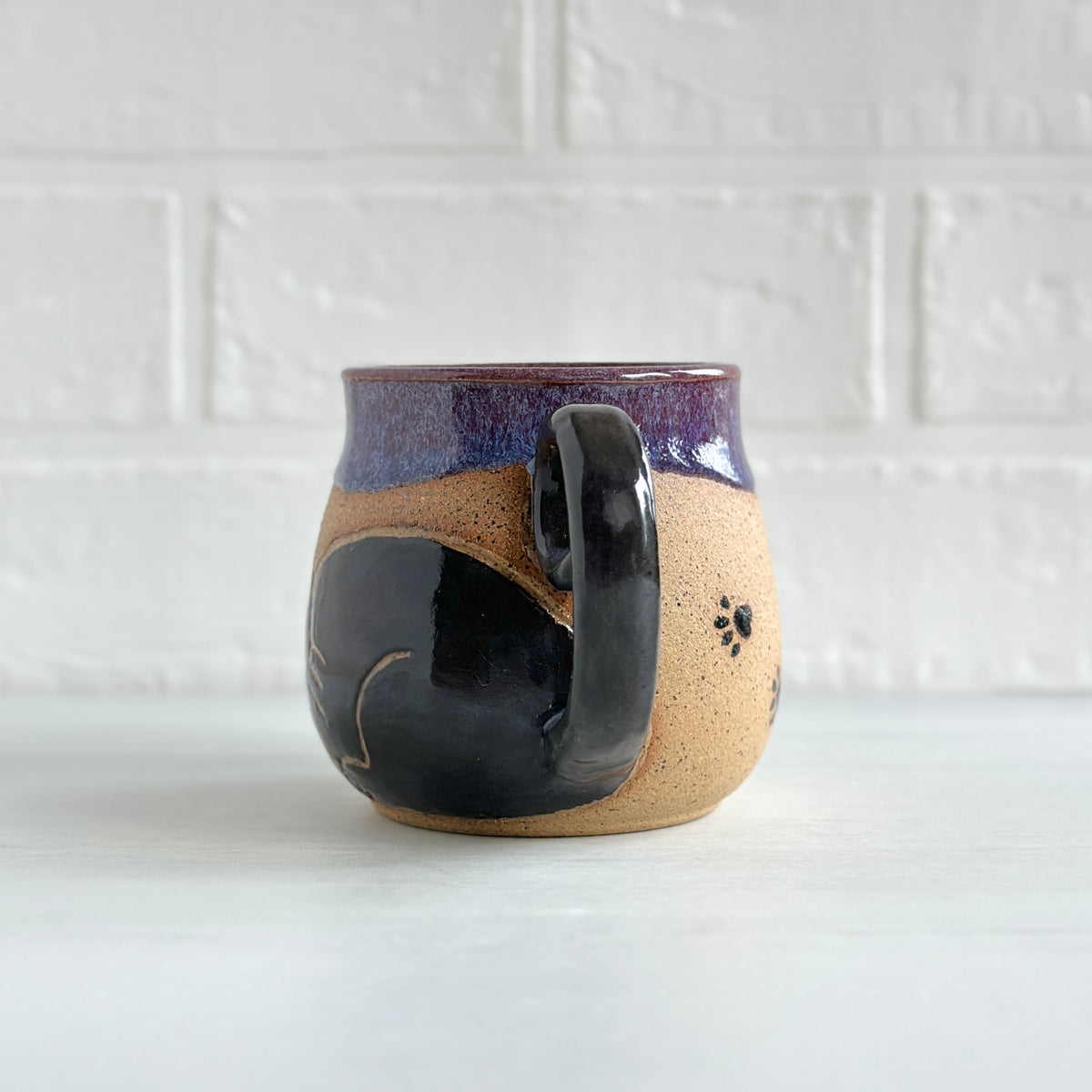 Sleepy Cat Mug, Black Kitty, Layer of Blue and Purple Glaze #7