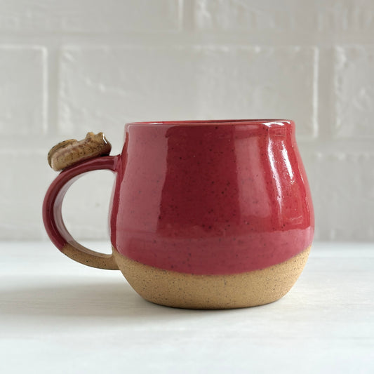 Sleepy Kitty on the Handle, Speckled Clay Mug, Glazed in Red Apple #8