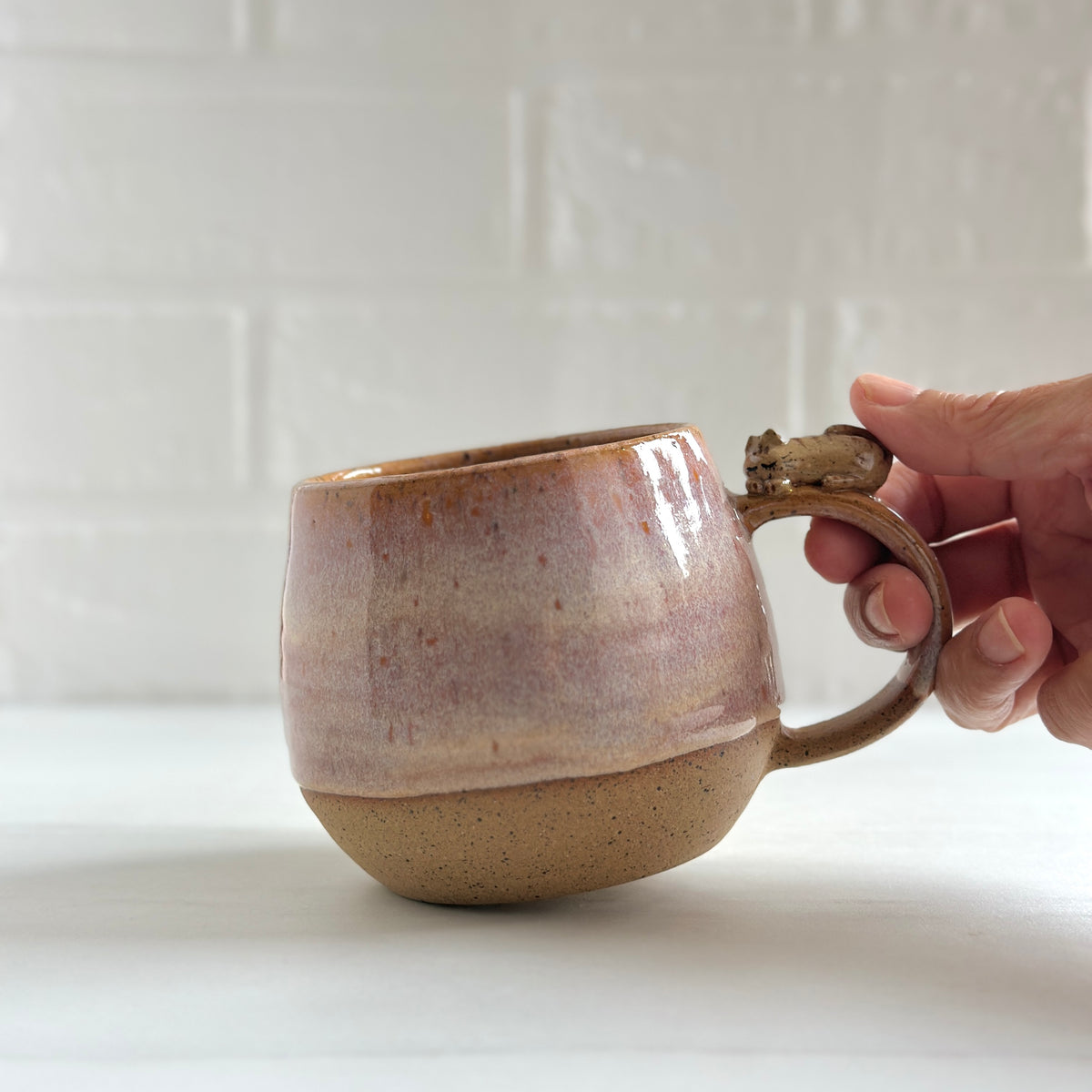 Sleepy Kitty on the Handle, Speckled Clay Mug, Glazed in Peach Orange #9
