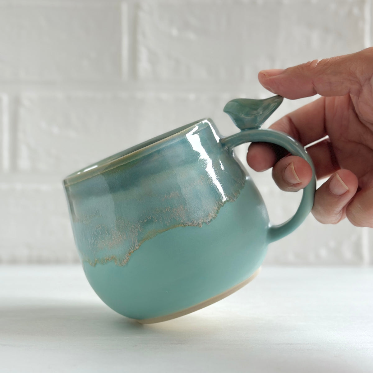 Zen Bird Mug, Glazed in Aqua Blue-green #19