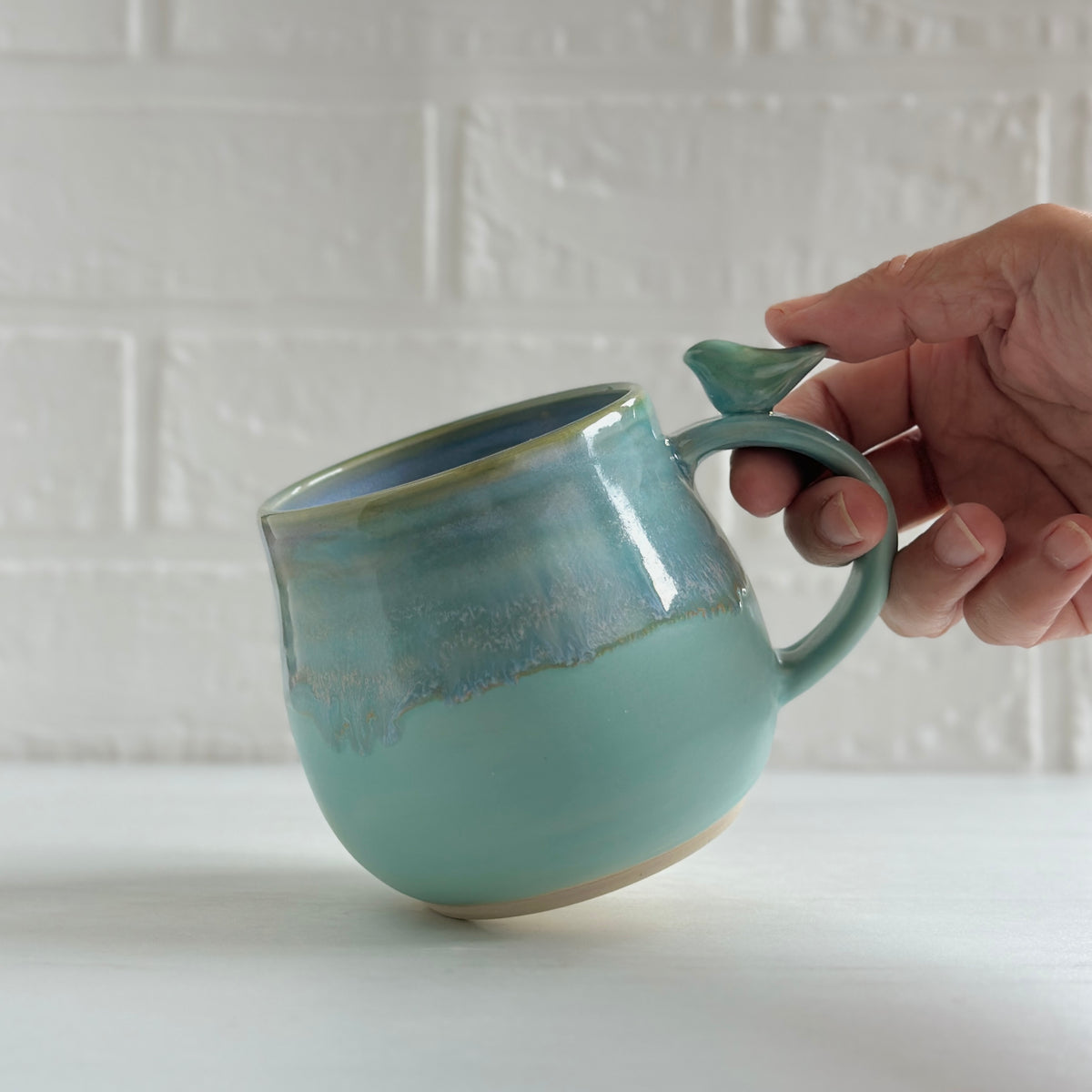 Zen Bird Mug, Glazed in Aqua Blue-green #20