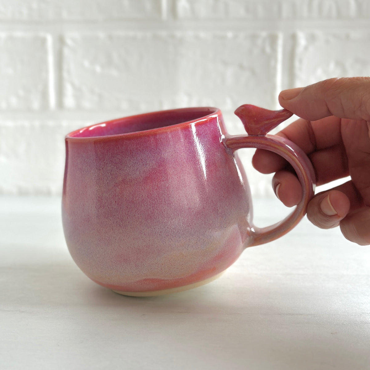 Zen Bird Mug, Glazed in Pink and Orange, 16oz #28