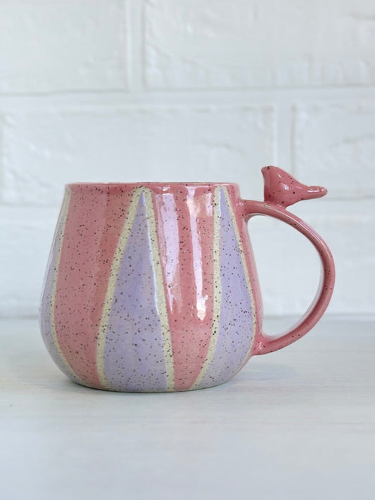 Speckled Clay Mug, Glazed in Purple and Pink, Zen Bird