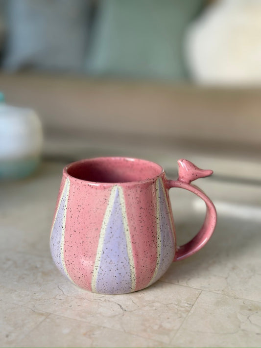 Speckled Clay Mug, Glazed in Purple and Pink, Zen Bird