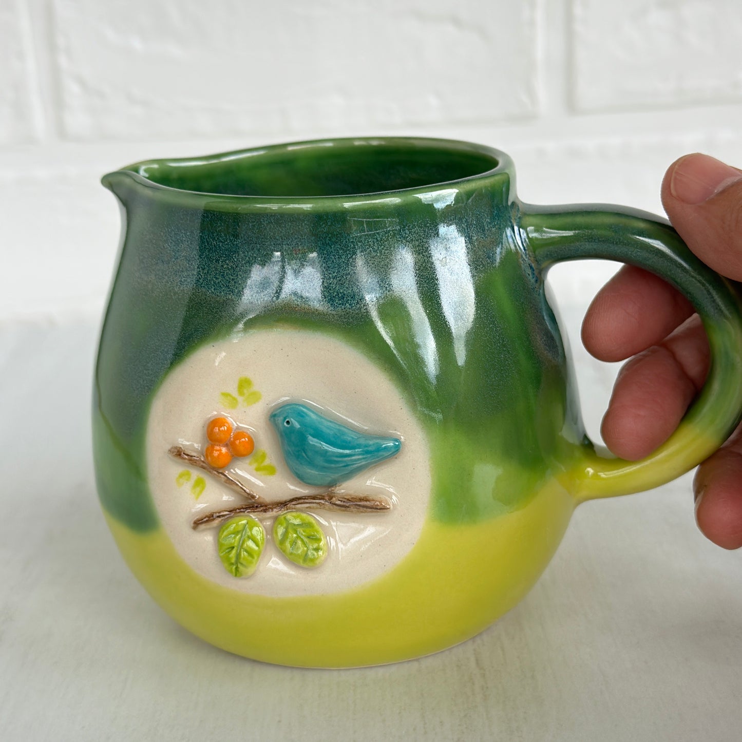 Small Pitcher 16oz, Tiny Bird Sculpture