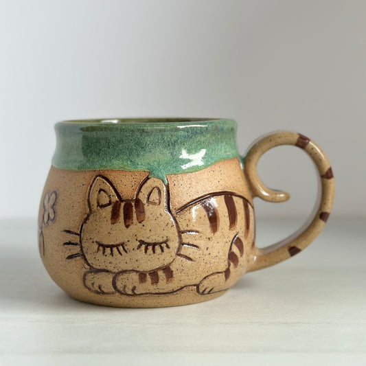 Sleepy Cat Mug, Kitty and Birdie, Price reduced (glaze drip on ear), Glazed in Meadow Green