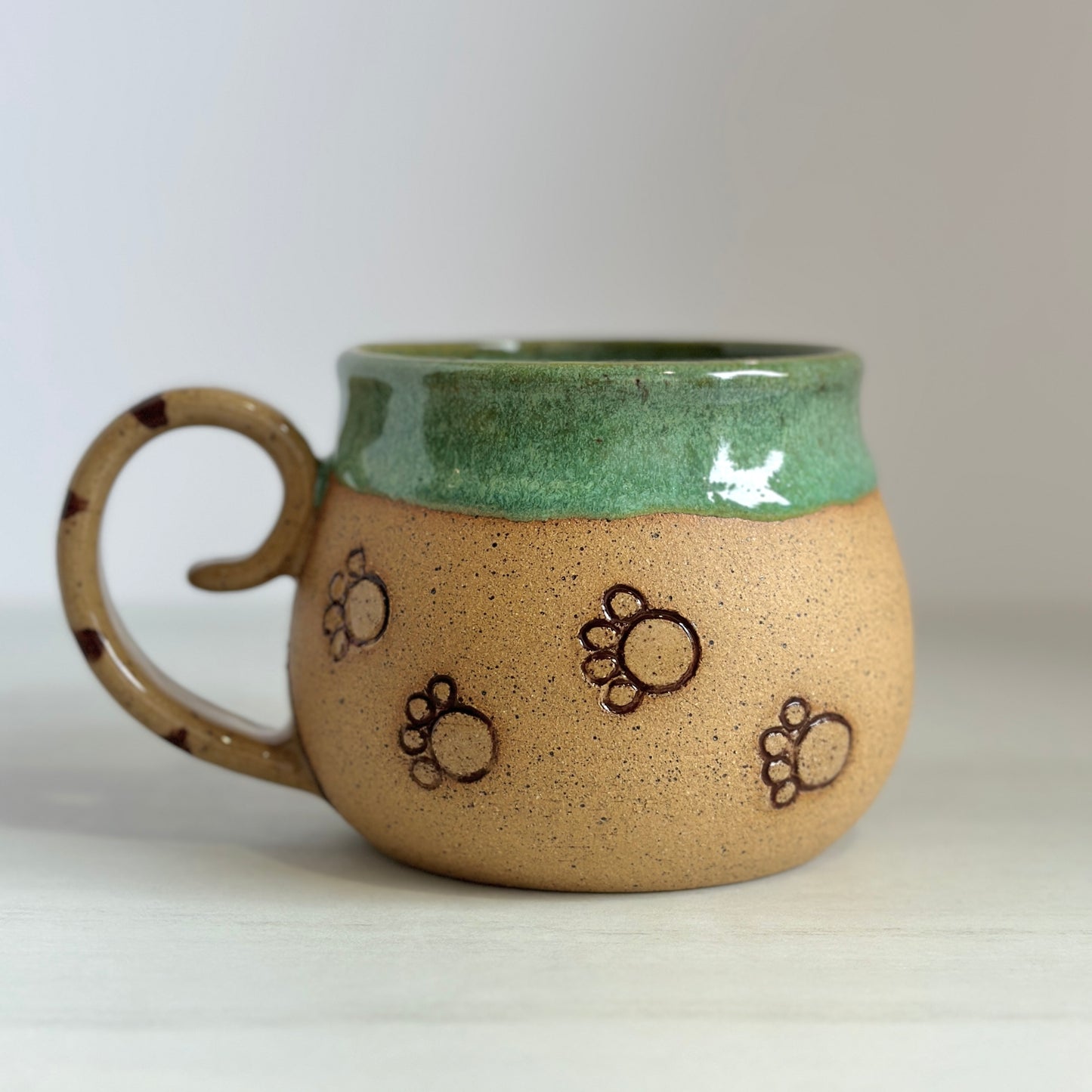 Sleepy Cat Mug, Kitty and Birdie, Price reduced (glaze drip on ear), Glazed in Meadow Green