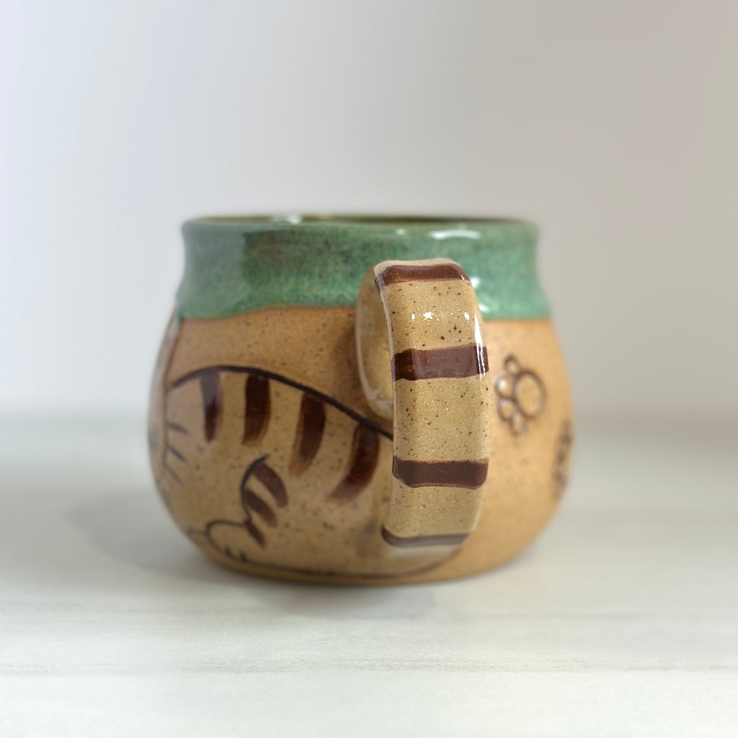 Sleepy Cat Mug, Kitty and Birdie, Price reduced (glaze drip on ear), Glazed in Meadow Green