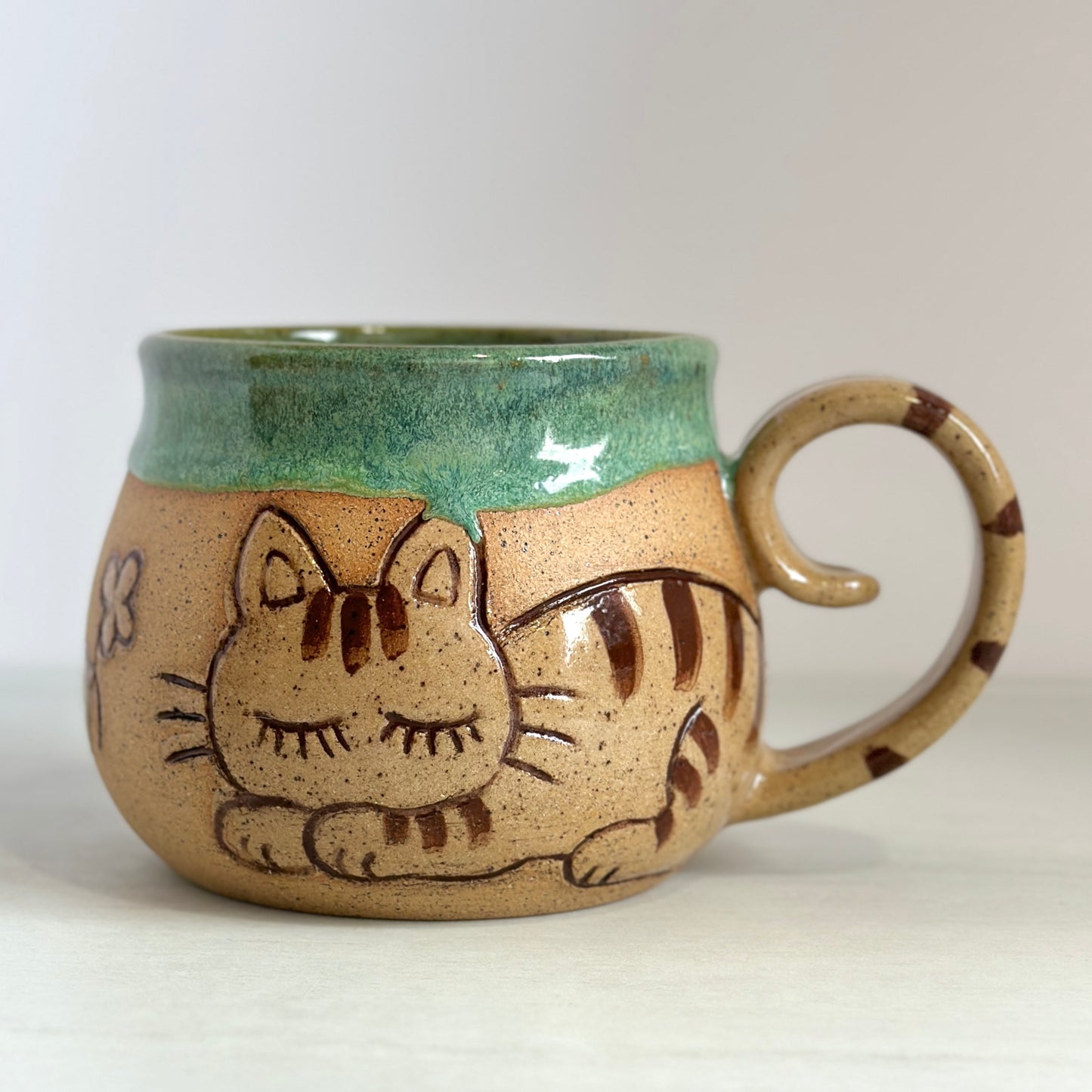 Sleepy Cat Mug, Kitty and Birdie, Price reduced (glaze drip on ear), Glazed in Meadow Green