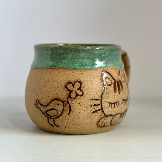 Sleepy Cat Mug, Kitty and Birdie, Price reduced (glaze drip on ear), Glazed in Meadow Green