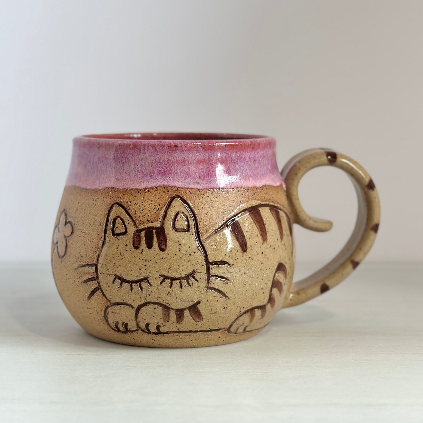 Sleepy Cat Mug, Kitty and Birdie, Glazed in Pink