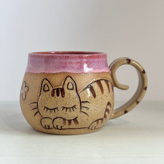 Sleepy Cat Mug, Kitty and Birdie, Glazed in Pink