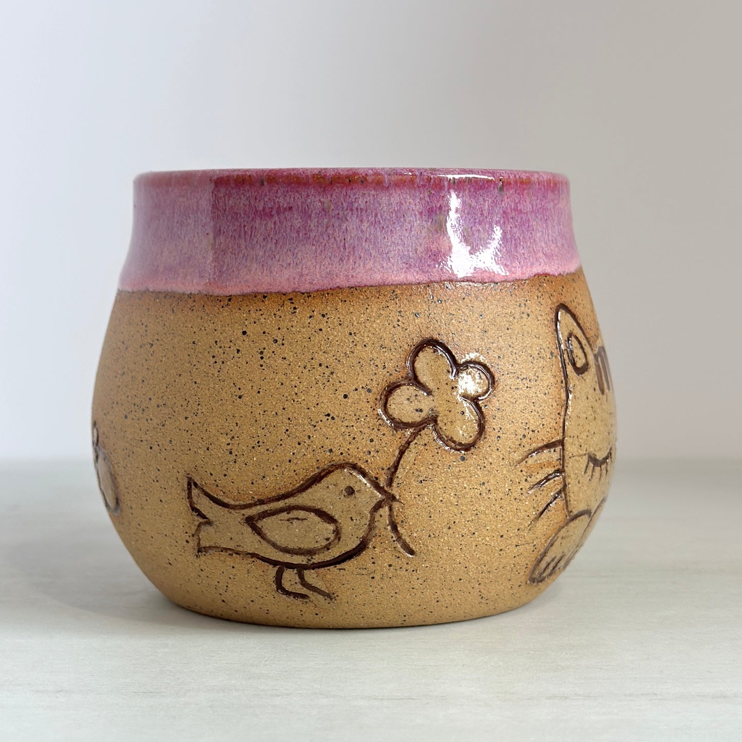 Sleepy Cat Mug, Kitty and Birdie, Glazed in Pink