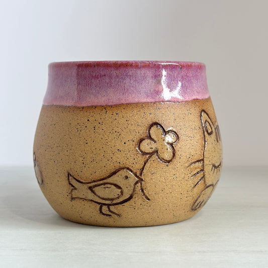 Sleepy Cat Mug, Kitty and Birdie, Glazed in Pink