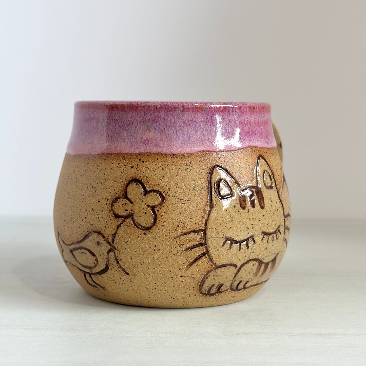 Sleepy Cat Mug, Kitty and Birdie, Glazed in Pink
