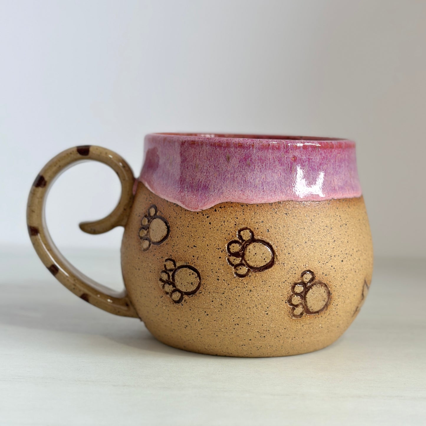 Sleepy Cat Mug, Kitty and Birdie, Glazed in Pink