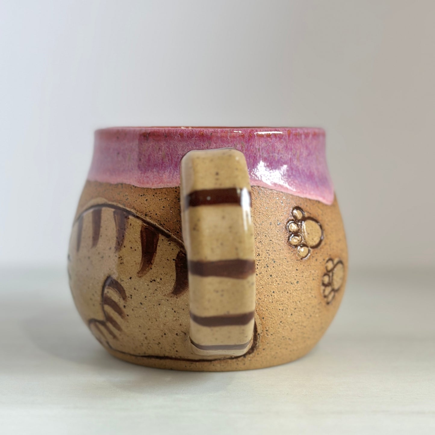 Sleepy Cat Mug, Kitty and Birdie, Glazed in Pink