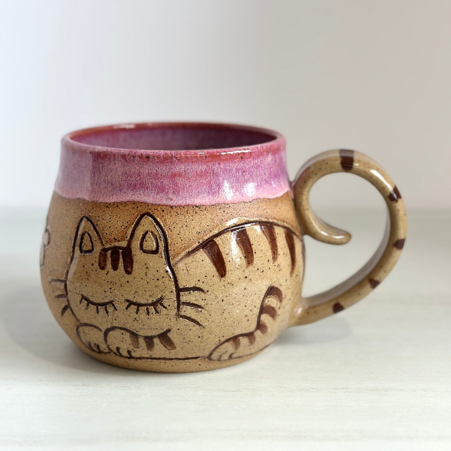 Sleepy Cat Mug, Kitty and Birdie, Glazed in Pink
