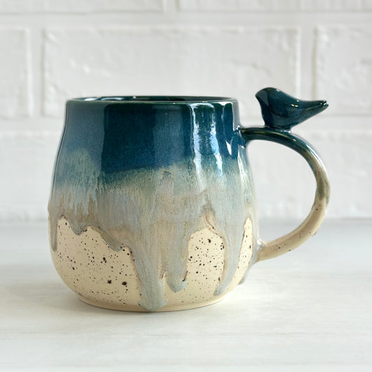 No.14 Zen Bird Mug,  Sand & Sea in Deep Ocean Blue, 14oz