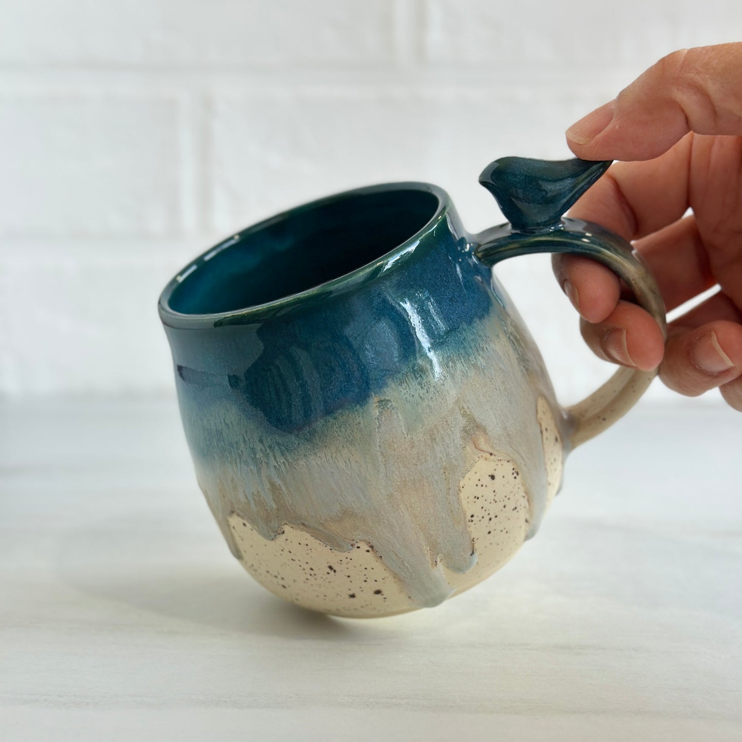 No.14 Zen Bird Mug,  Sand & Sea in Deep Ocean Blue, 14oz