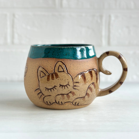Sleepy Cat Mug, Stripe Kitty and Birdie, Deep Ocean, 16oz