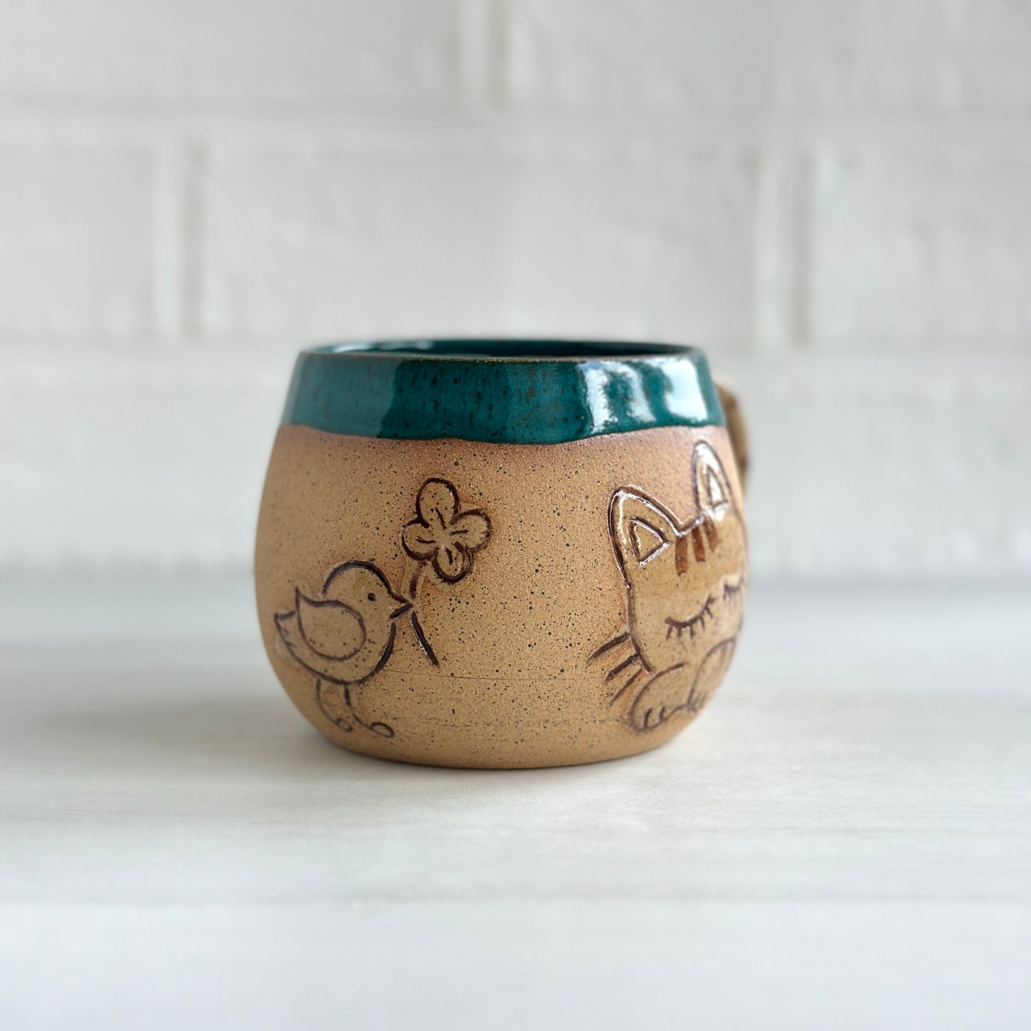 Sleepy Cat Mug, Stripe Kitty and Birdie, Deep Ocean, 16oz