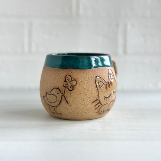 Sleepy Cat Mug, Stripe Kitty and Birdie, Deep Ocean, 16oz