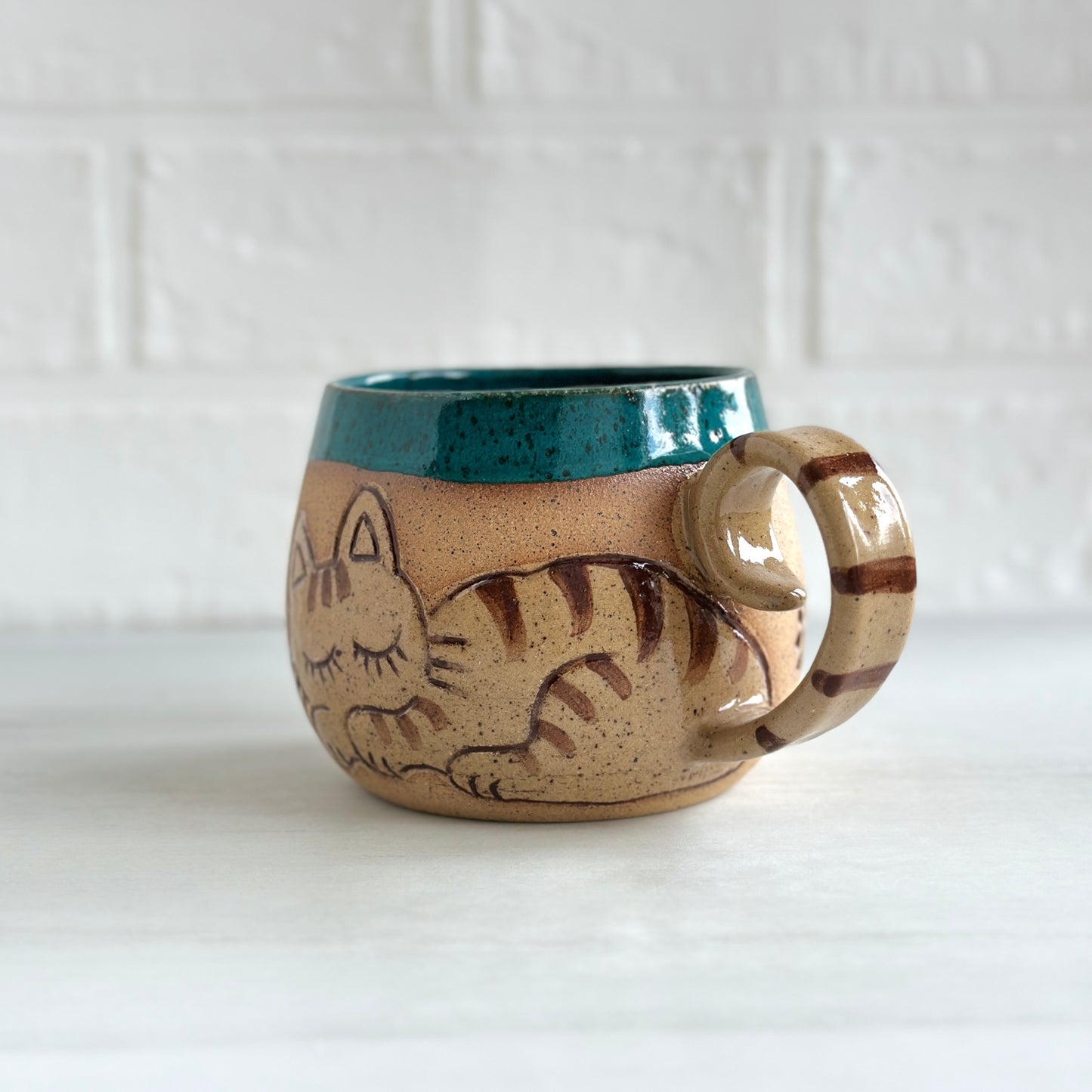 Sleepy Cat Mug, Stripe Kitty and Birdie, Deep Ocean, 16oz