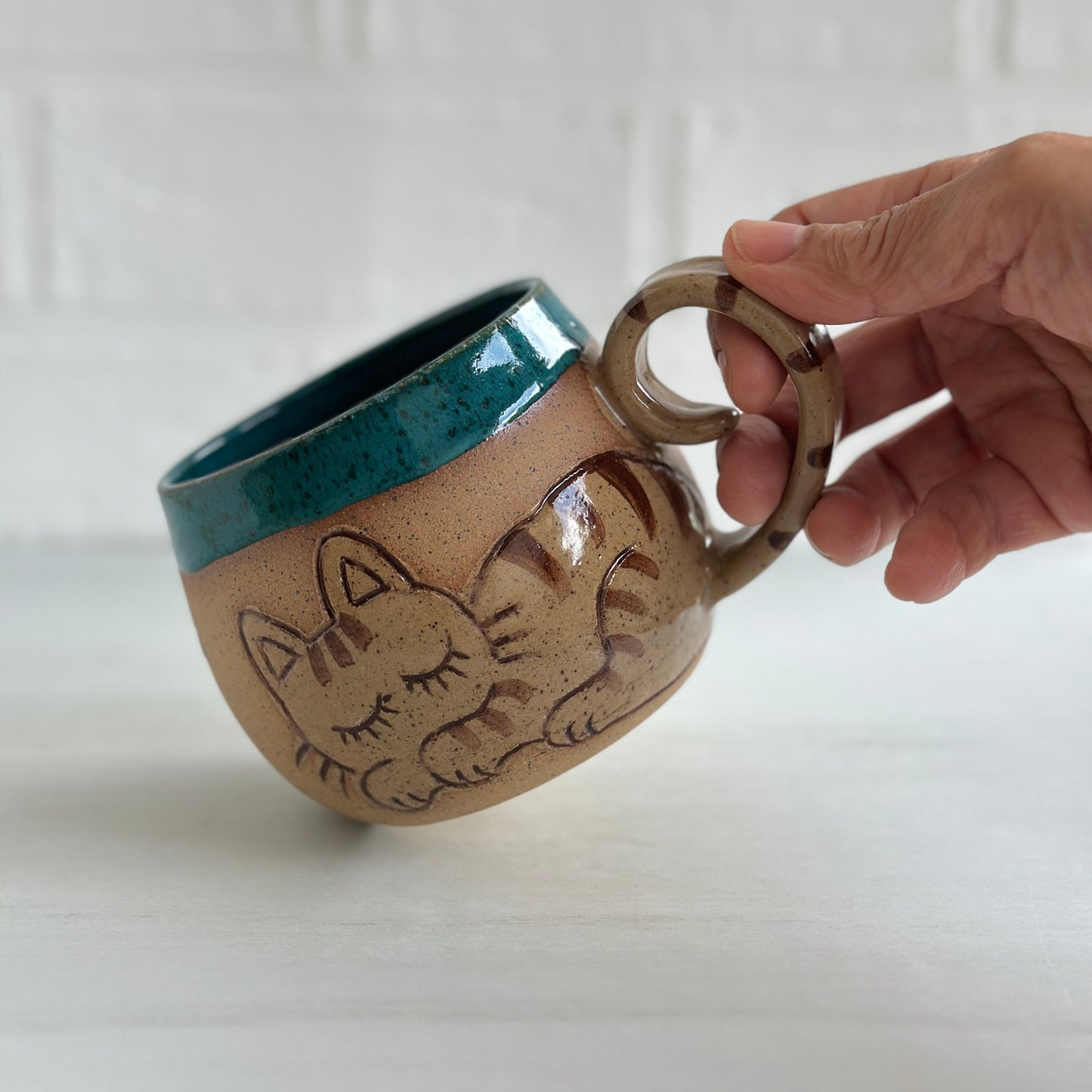 Sleepy Cat Mug, Stripe Kitty and Birdie, Deep Ocean, 16oz