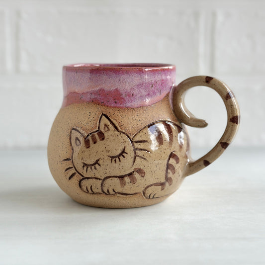 Sleepy Cat Mug, Stripe Kitty, Glazed in Pink Haze, 14oz