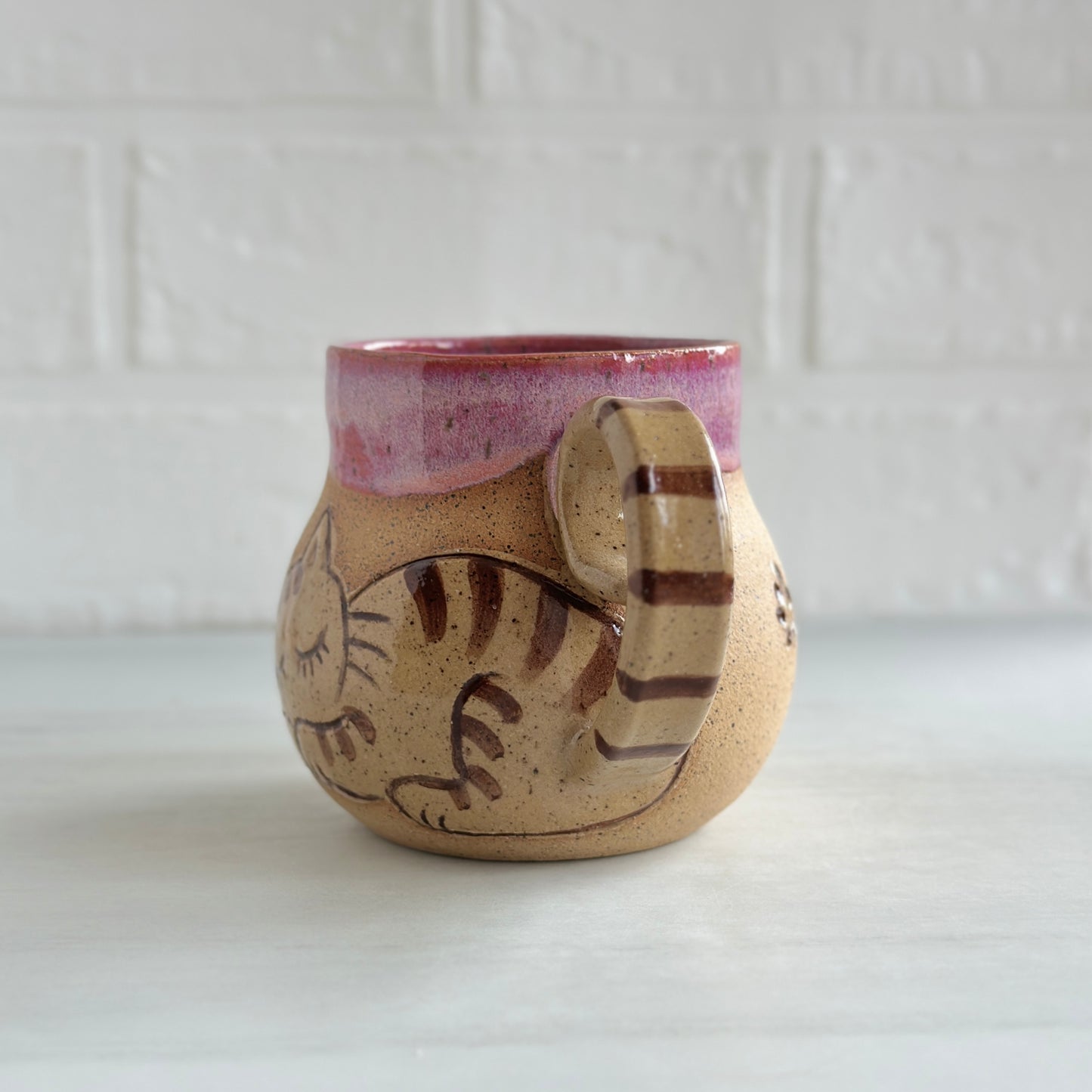Sleepy Cat Mug, Stripe Kitty, Glazed in Pink Haze, 14oz