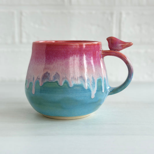 Zen Bird Mug, Drippy Glaze, Strawberry Smoothie Pink and Blue Sky, 15oz #01